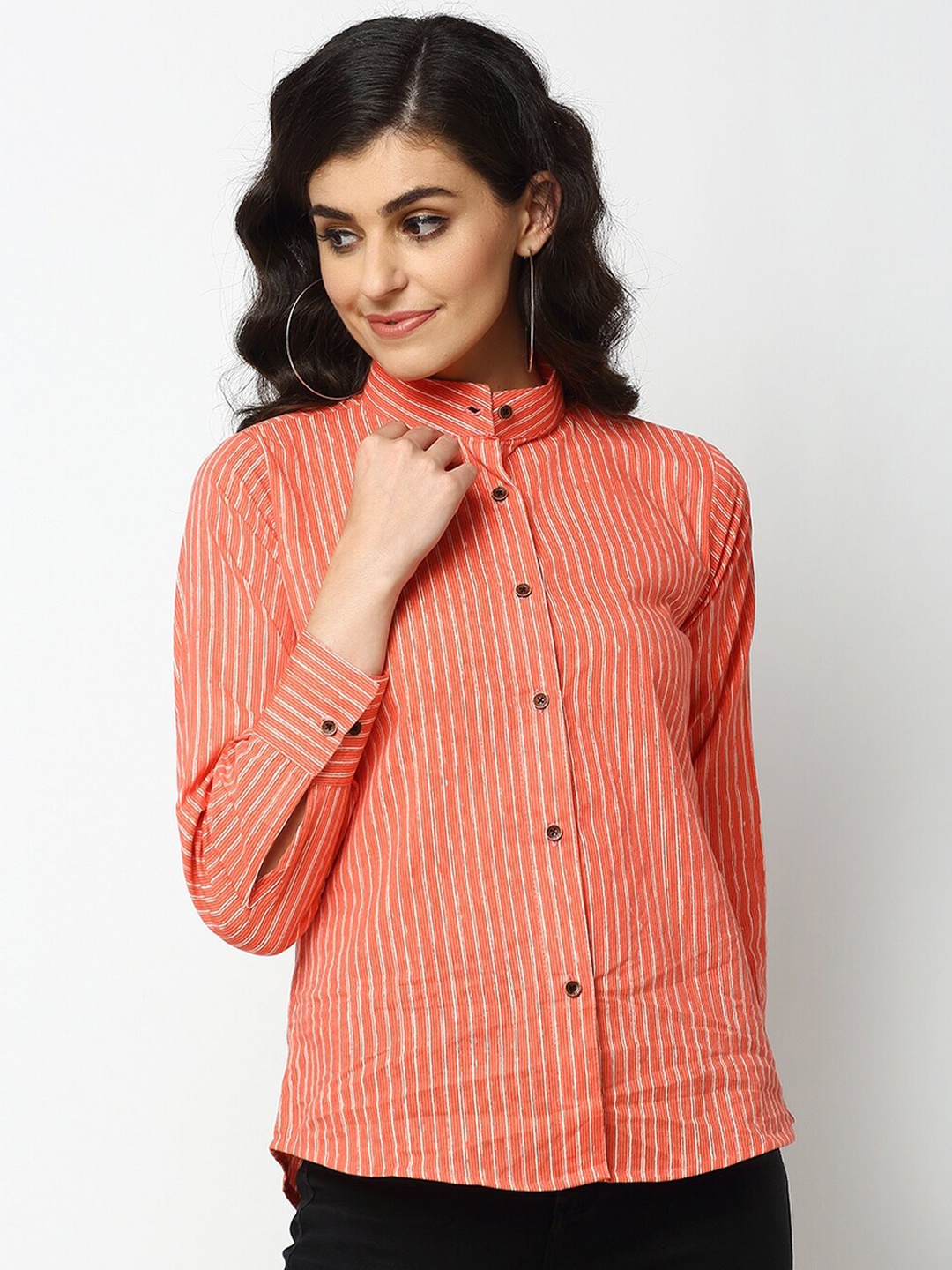 

Enchanted Drapes Women Orange Striped Casual Cotton Shirt