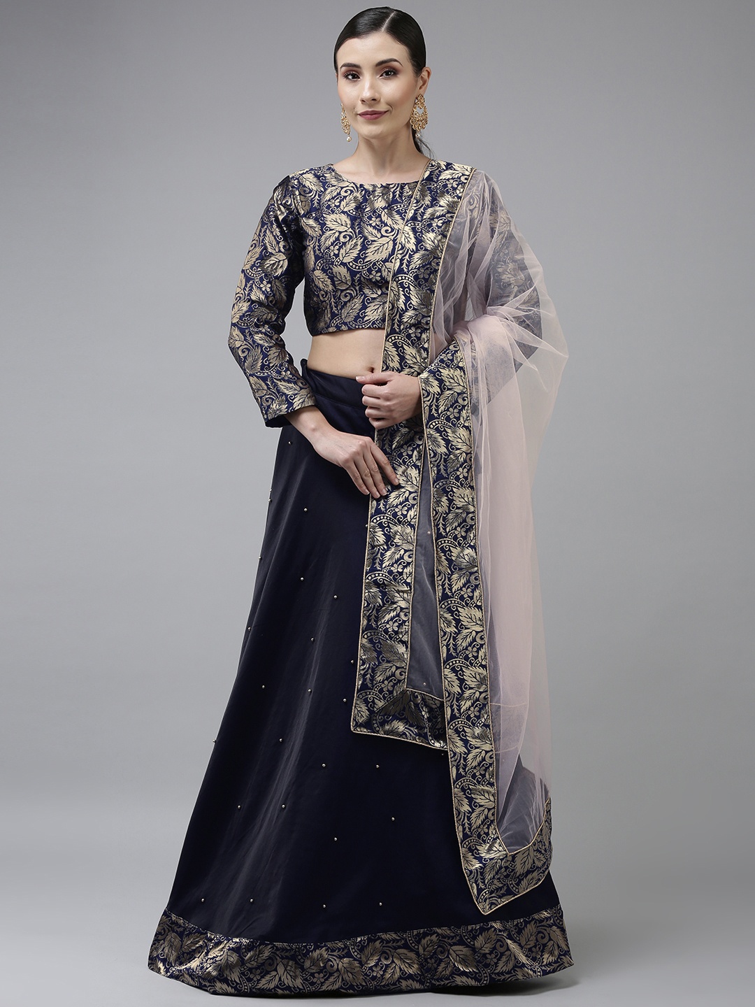 

DIVASTRI Navy Blue Woven Semi-Stitched Lehenga & Unstitched Blouse With Dupatta