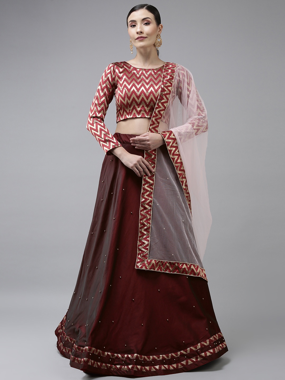 

DIVASTRI Maroon & Gold-Toned Semi-Stitched Lehenga & Unstitched Blouse With Dupatta