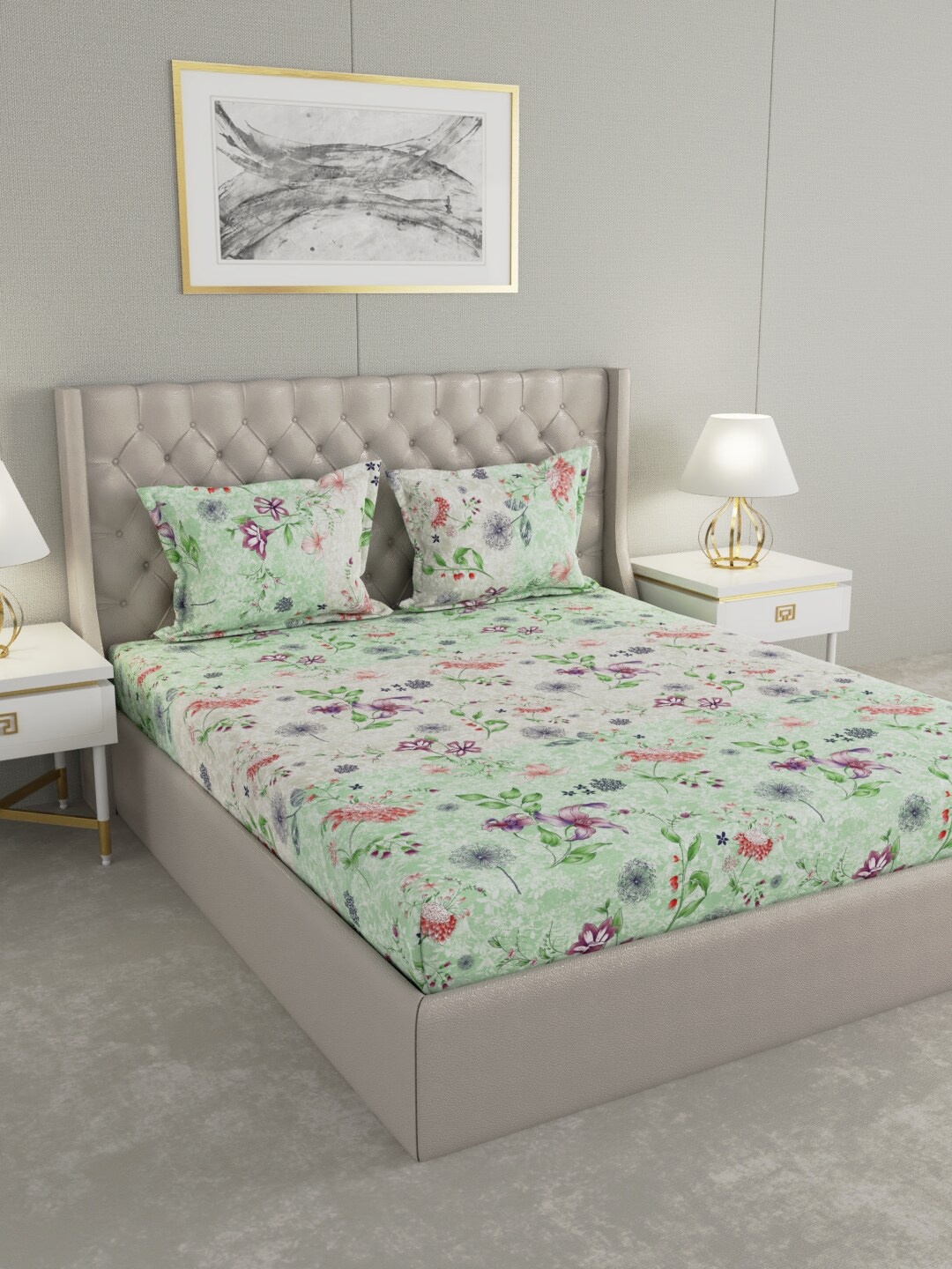 

Raymond Home Green & Purple Floral 120 TC Queen Bedsheet with 2 Pillow Covers