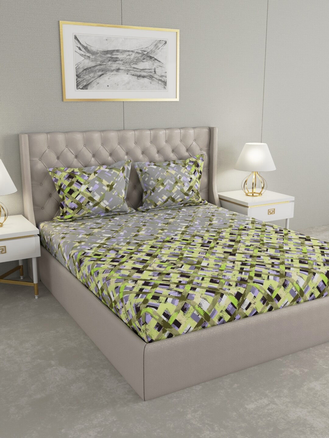 

Raymond Home Green & Grey 120 TC Queen Bedsheet with 2 Pillow Covers