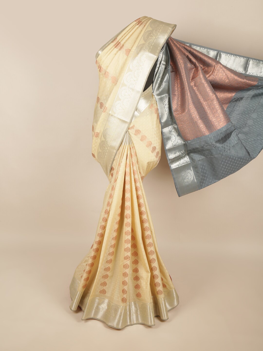 

Pothys Cream-Coloured & Silver-Toned Ethnic Motifs Zari Art Silk Saree