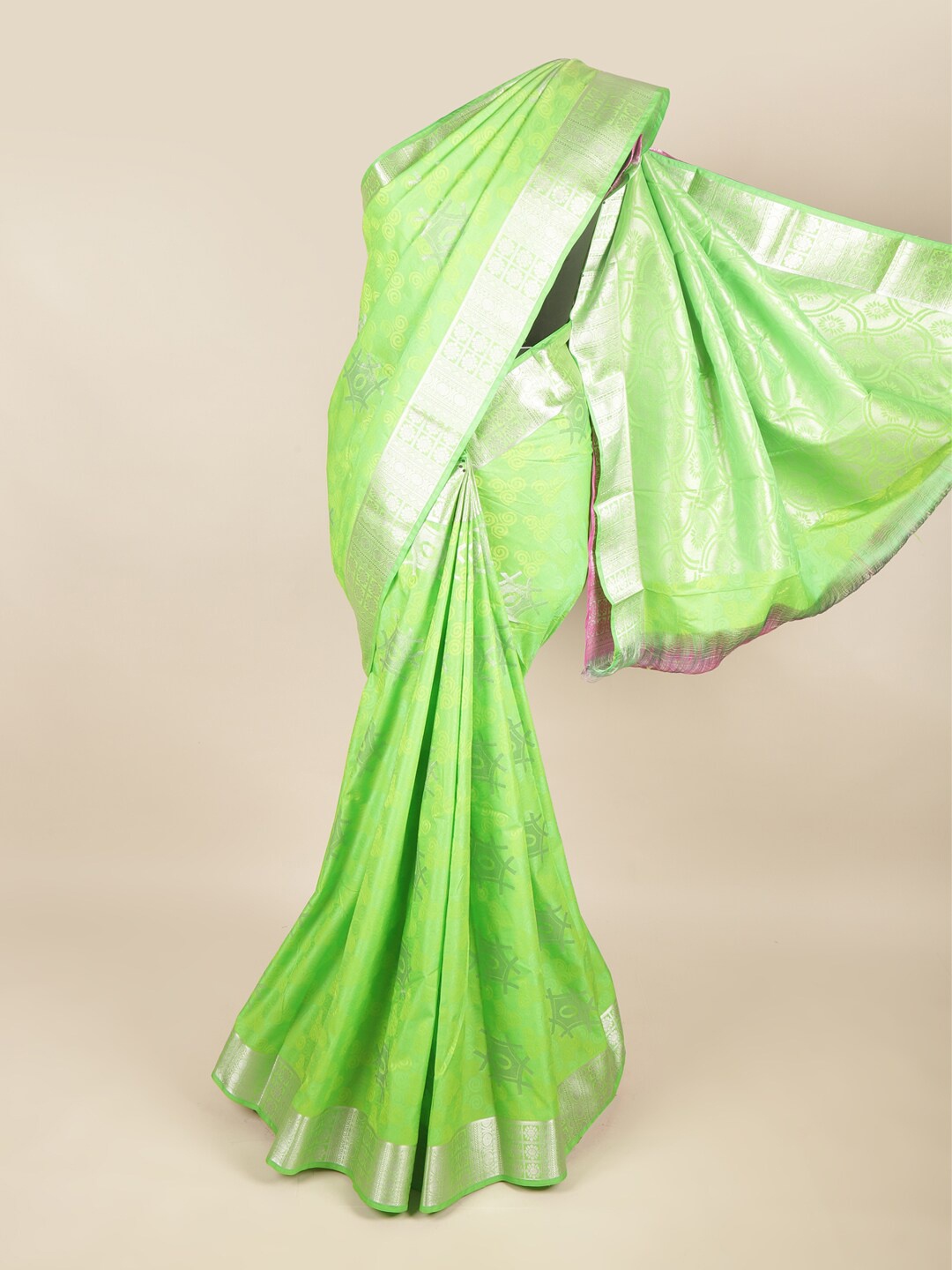 

Pothys Green & Silver-Toned Woven Design Art Silk Saree