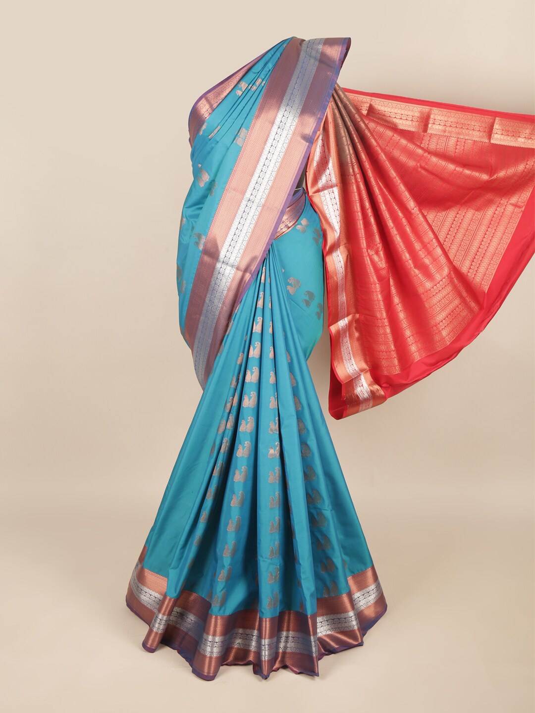 

Pothys Blue & Red Ethnic Motifs Art Silk Saree