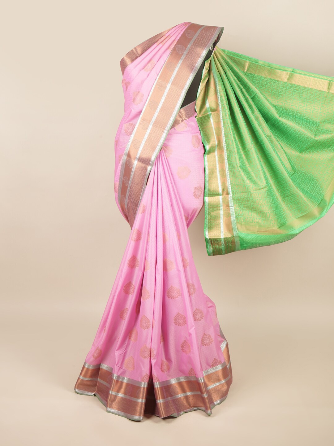 

Pothys Pink & Green Floral Art Silk Saree