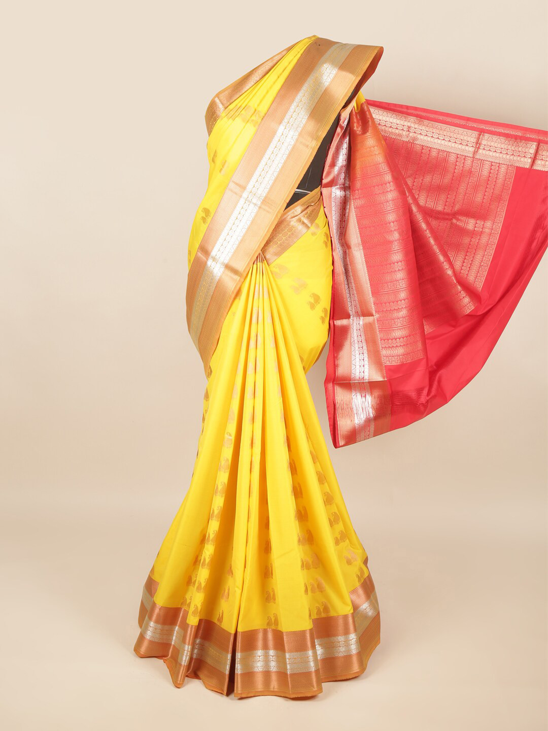 

Pothys Yellow & Red Ethnic Motifs Zari Art Silk Saree