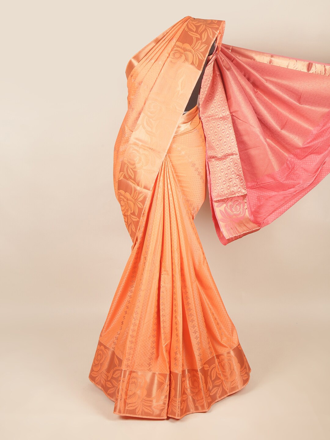 

Pothys Orange & Pink Floral Art Silk Saree