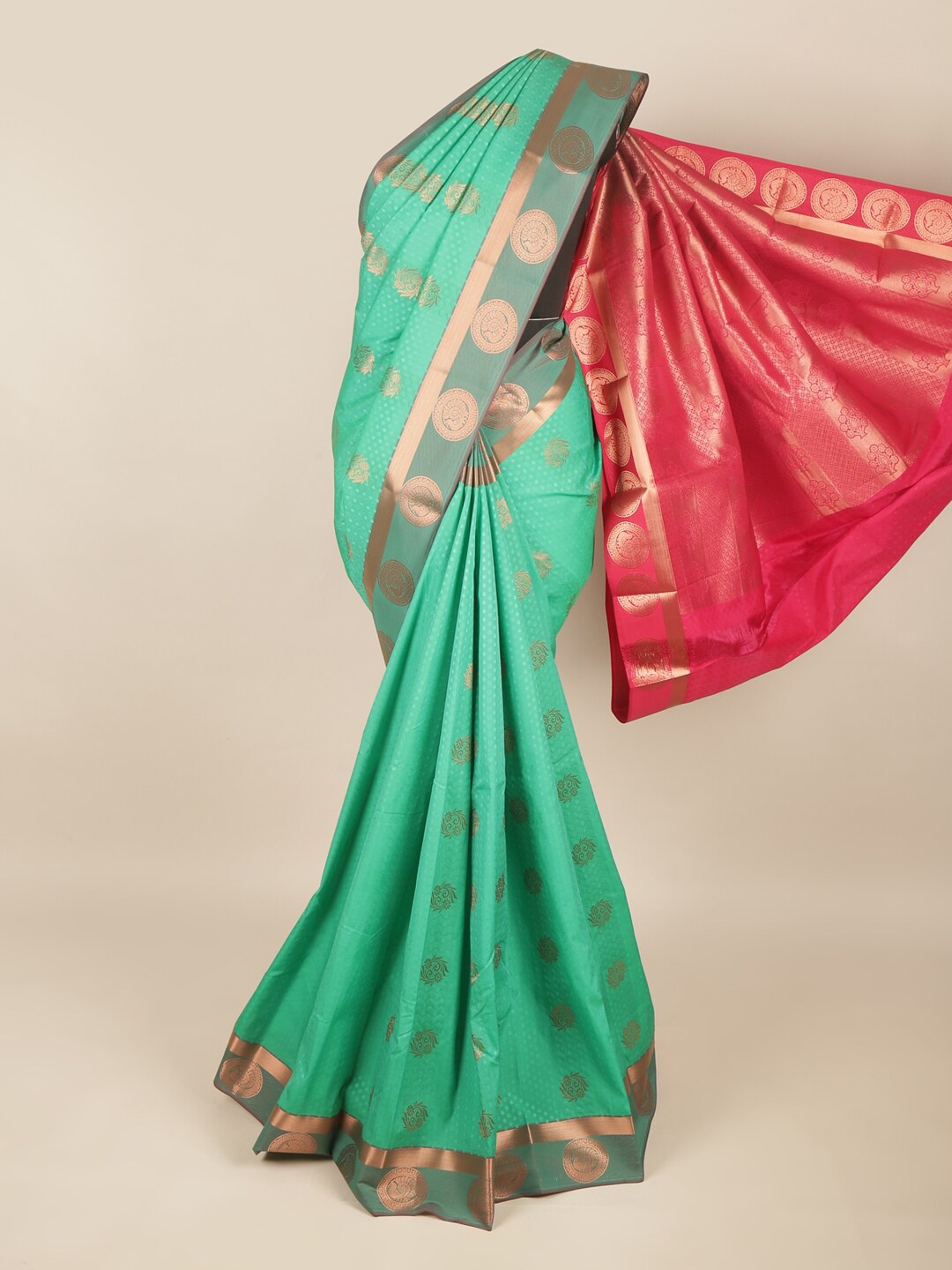 

Pothys Sea Green & Fuchsia Ethnic Motifs Zari Art Silk Saree