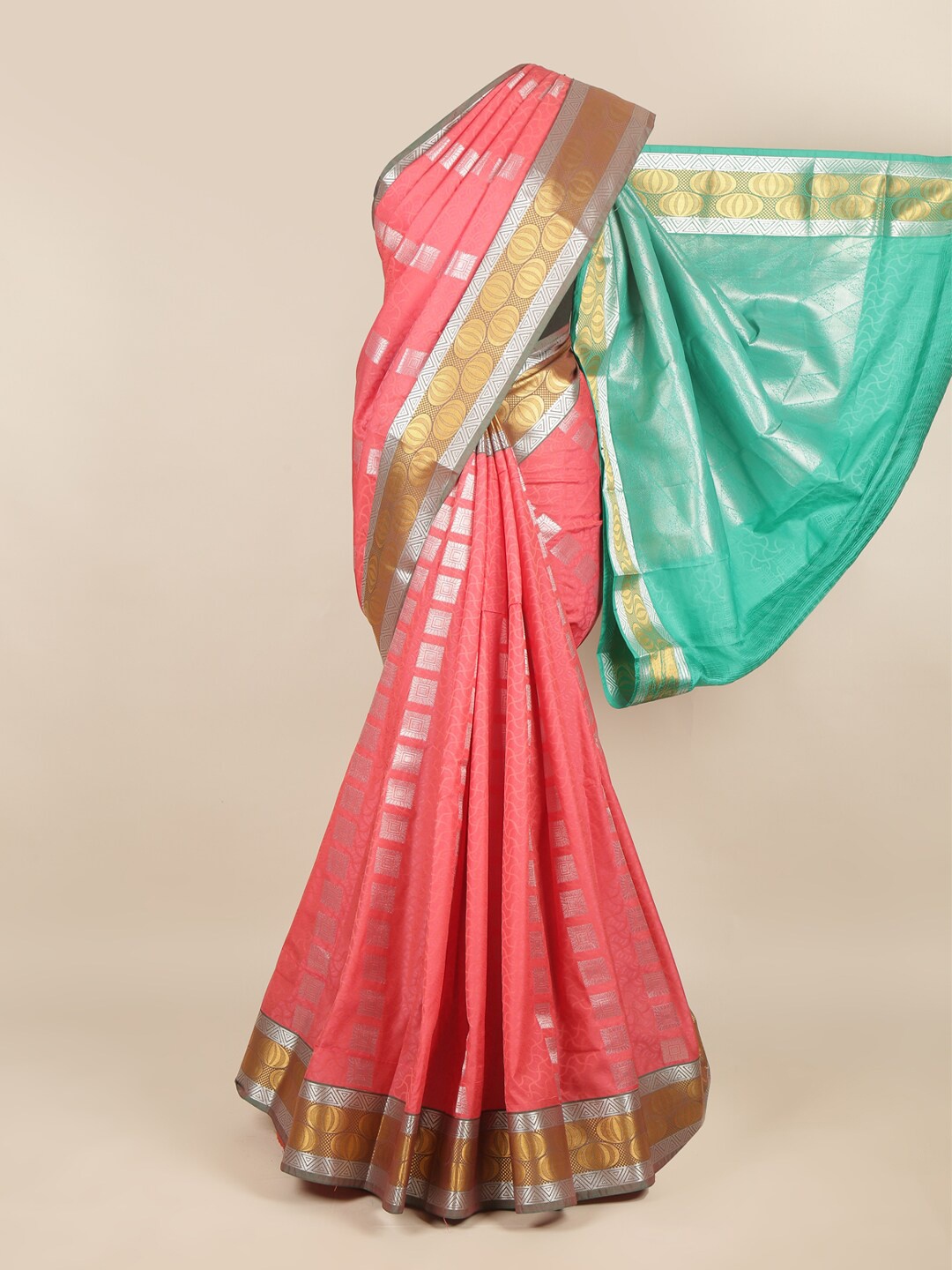 

Pothys Peach-Coloured & Green Ethnic Motifs Zari Art Silk Saree