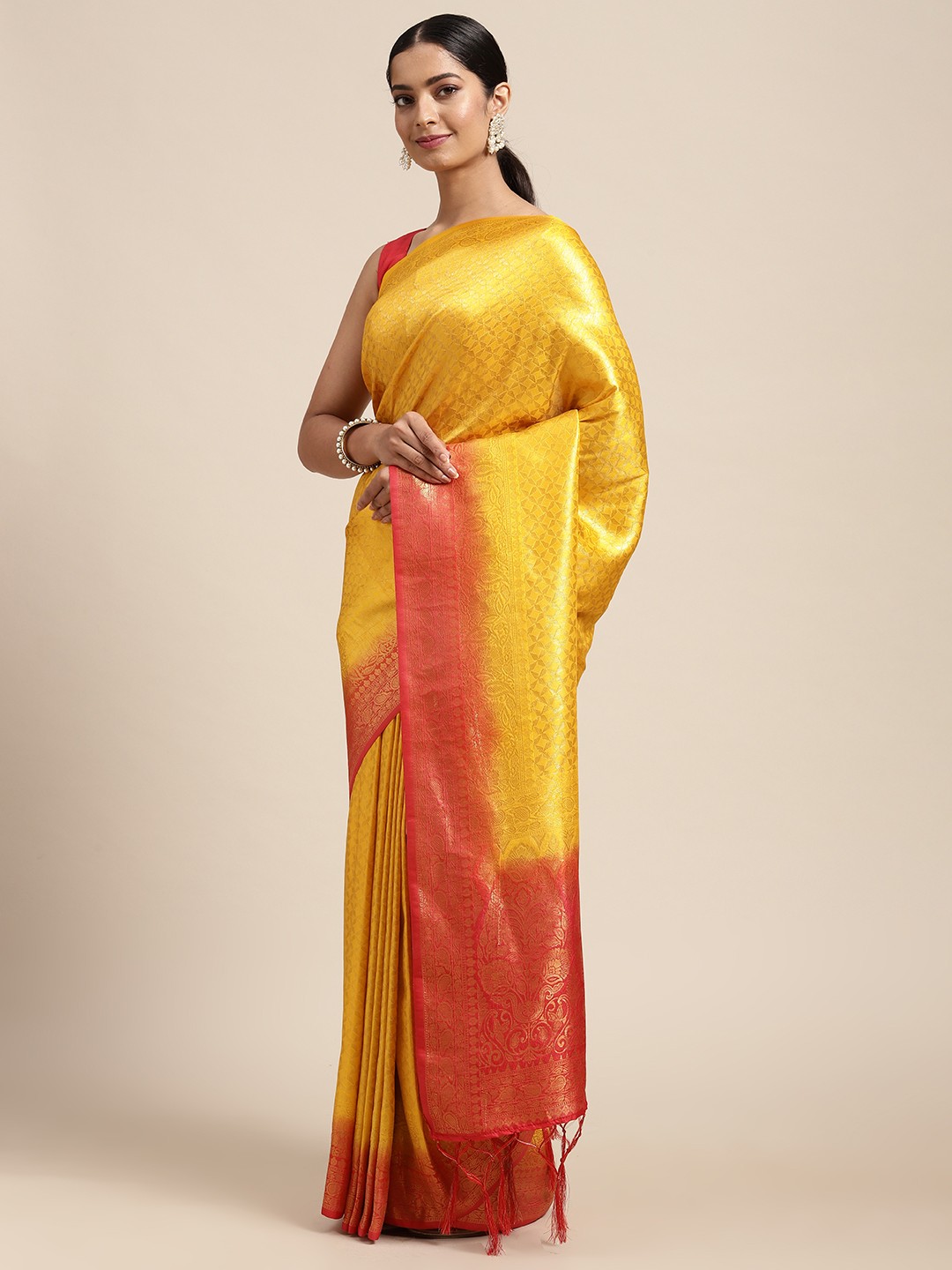 

DIVASTRI Yellow & Coral Orange Ethnic Motifs Art Silk Banarasi Saree