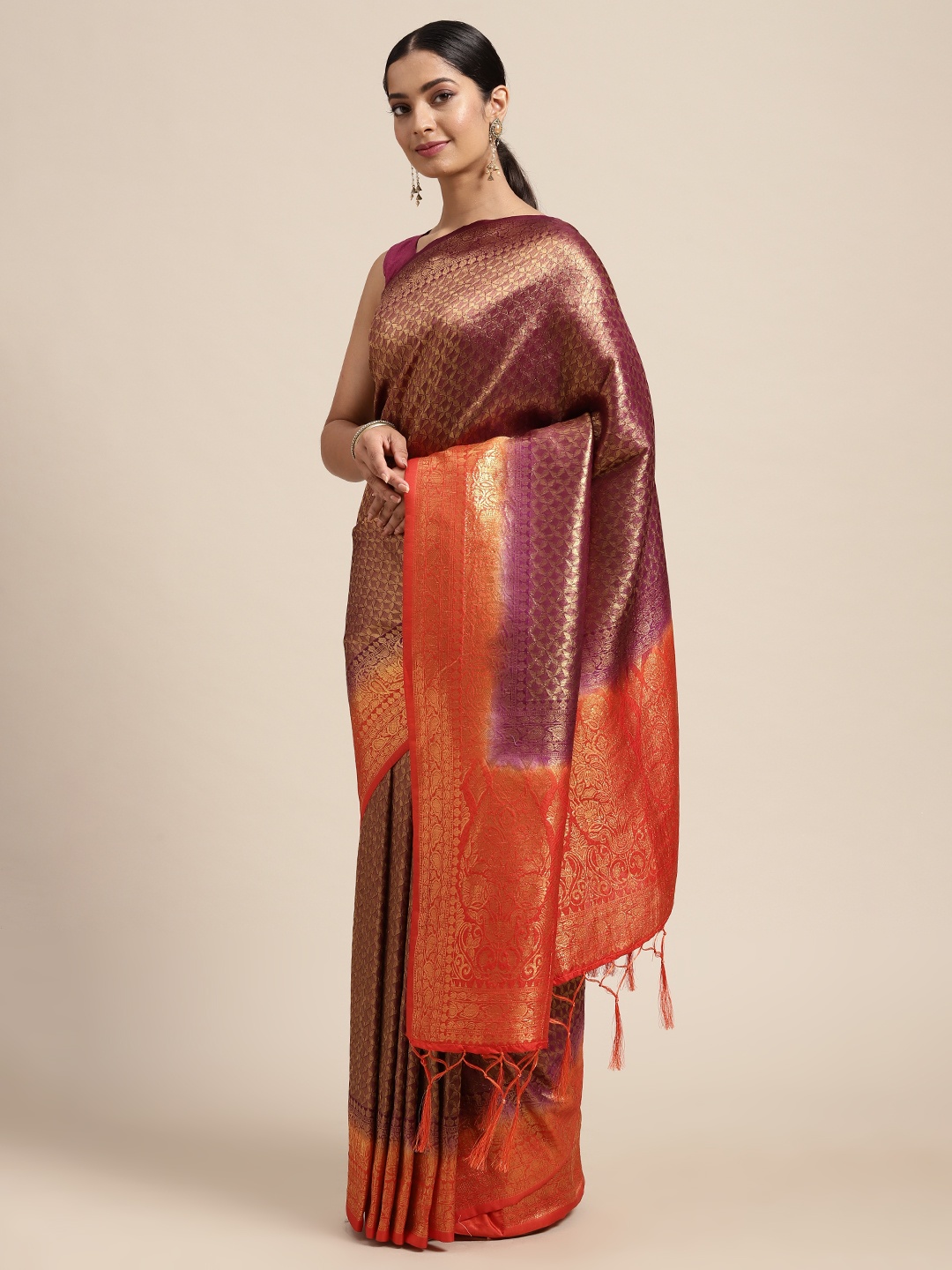 

DIVASTRI Orange & Gold-Toned Zari Art Silk Banarasi Saree