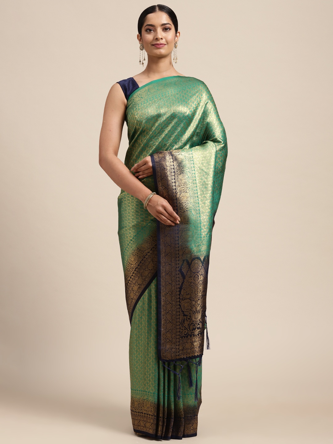 

DIVASTRI Navy Blue & Gold-Toned Ethnic Motifs Zari Art Silk Banarasi Saree