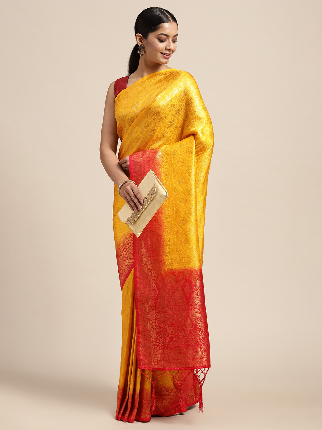 

DIVASTRI Yellow & Gold-Toned Ethnic Motifs Zari Art Silk Banarasi Saree
