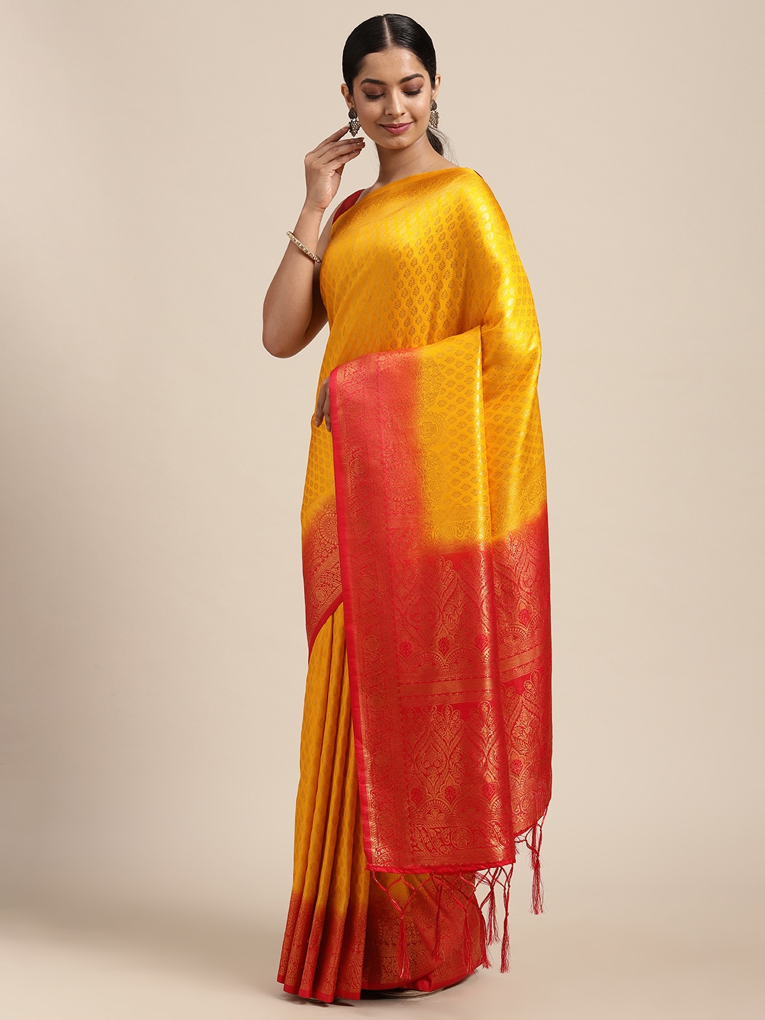 

DIVASTRI Yellow & Gold-Toned Ethnic Motifs Zari Art Silk Banarasi Saree