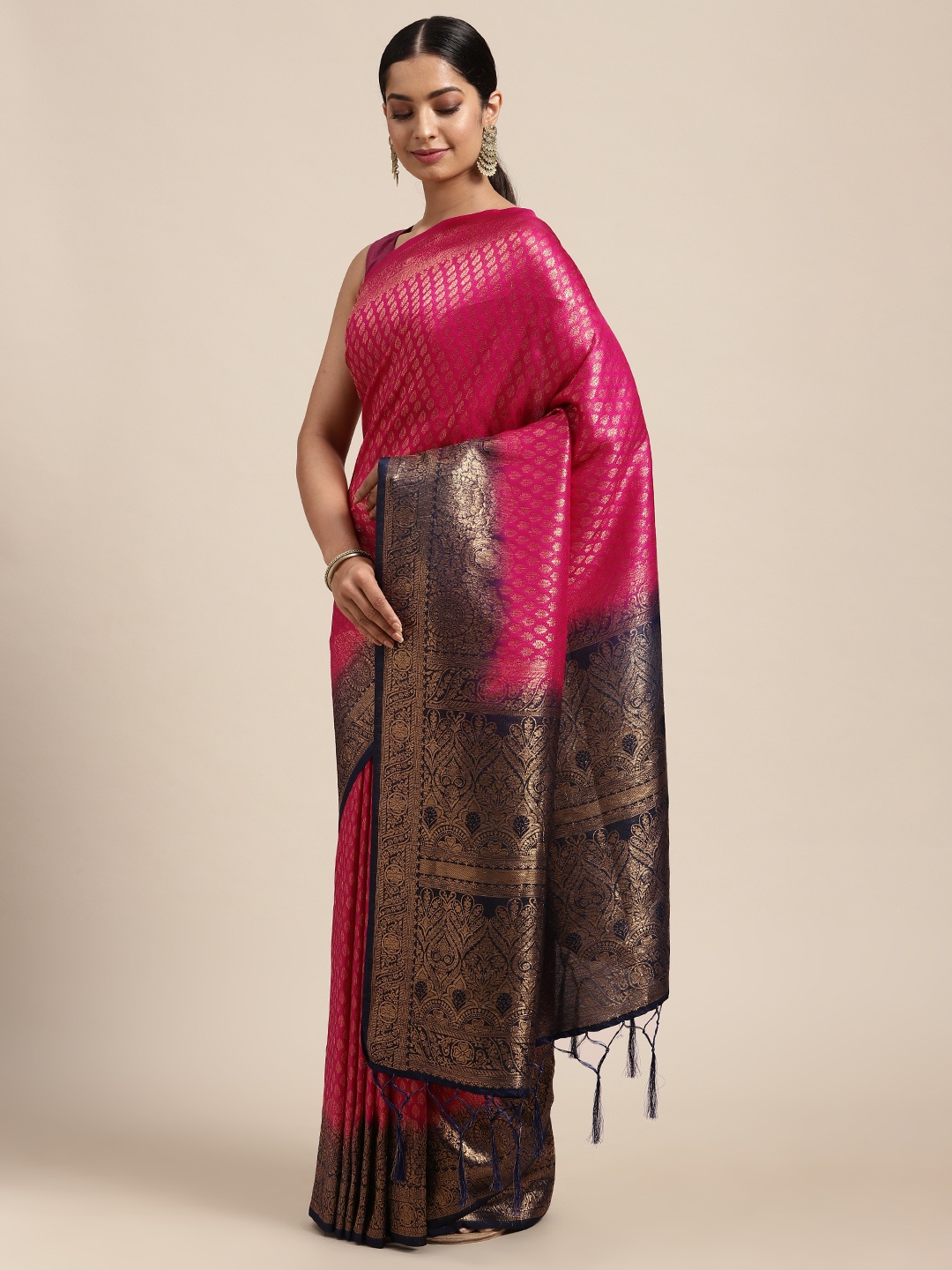 

DIVASTRI Pink & Gold-Toned Ethnic Motifs Zari Art Silk Banarasi Saree