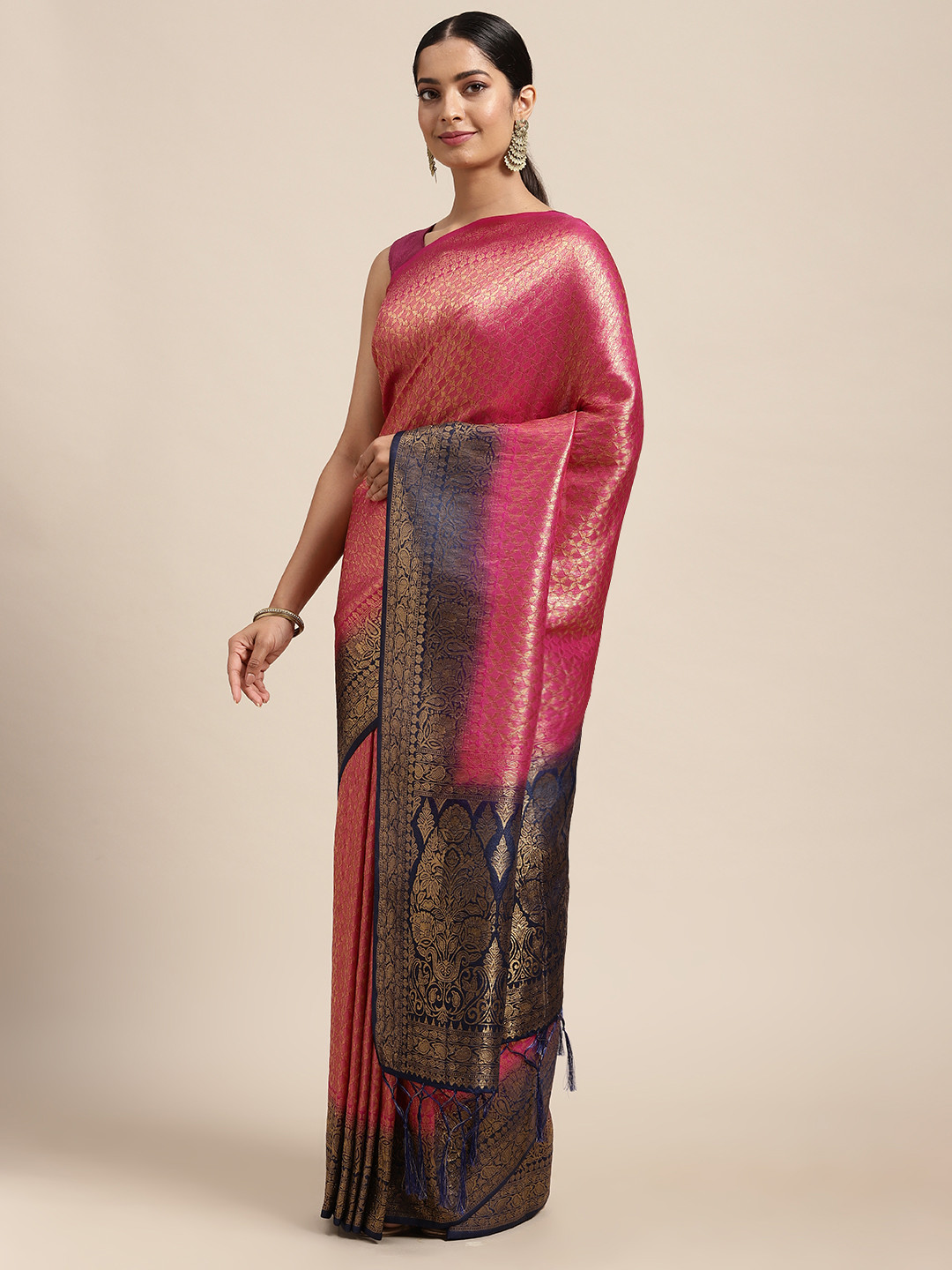 

DIVASTRI Pink & Gold-Toned Ethnic Motifs Zari Art Silk Banarasi Saree
