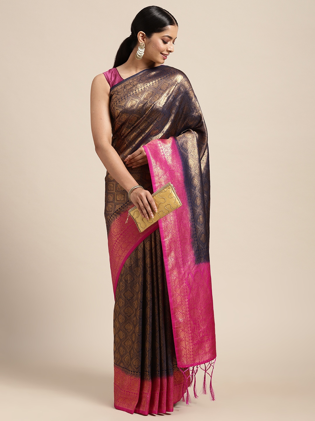 

DIVASTRI Navy Blue & Gold-Toned Ethnic Motifs Zari Art Silk Banarasi Saree