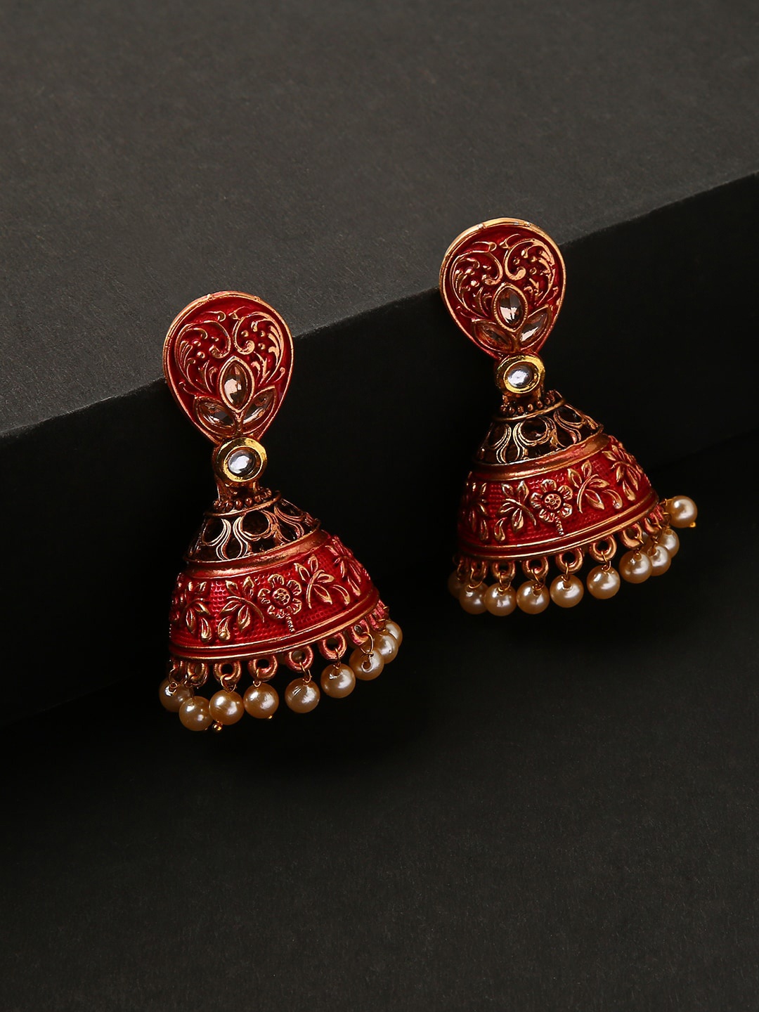 

justpeachy Red & Gold-Toned Classic Jhumkas Earrings