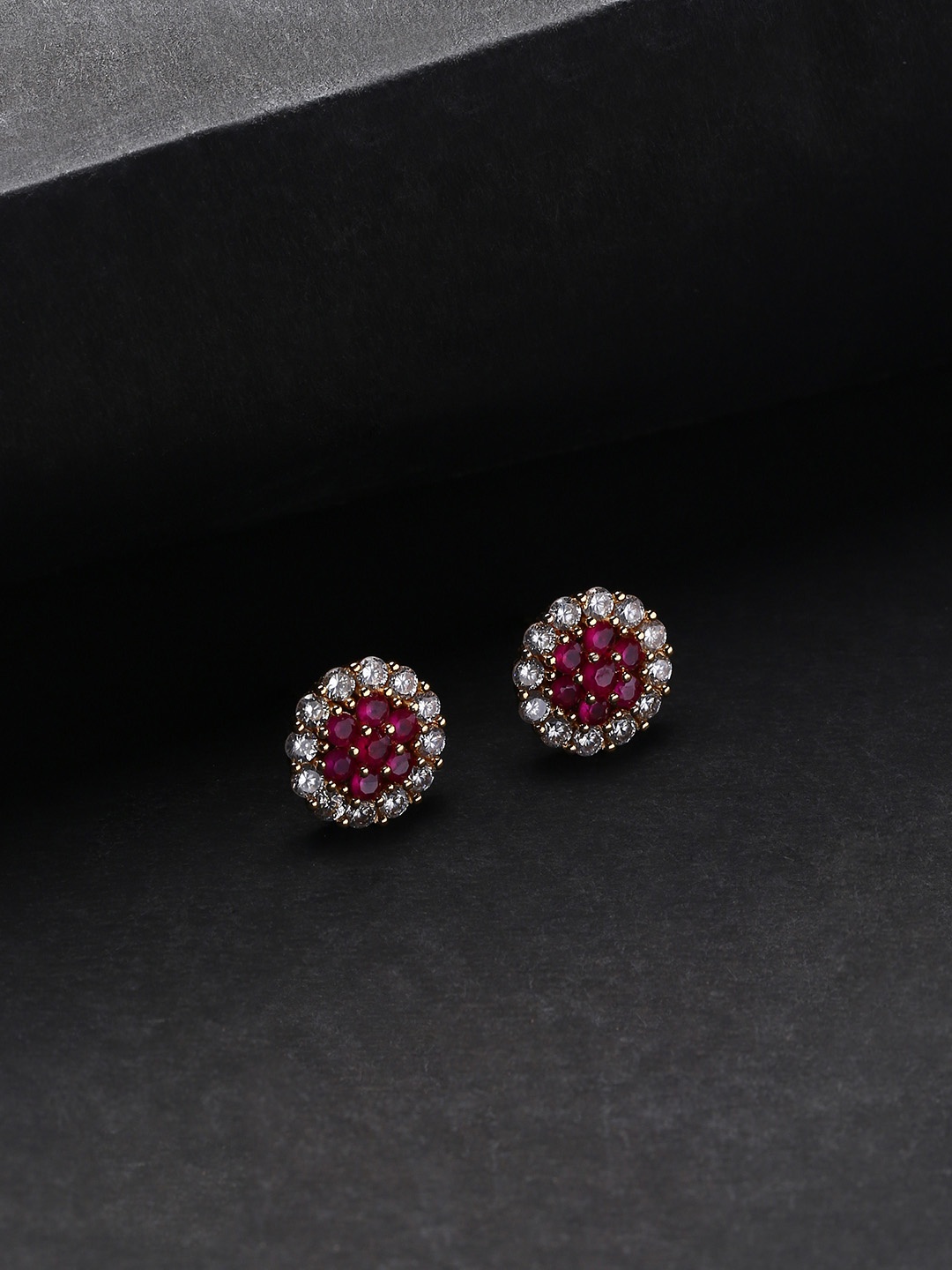 

justpeachy Magenta & Gold-Plated American Diamond Studs Earrings