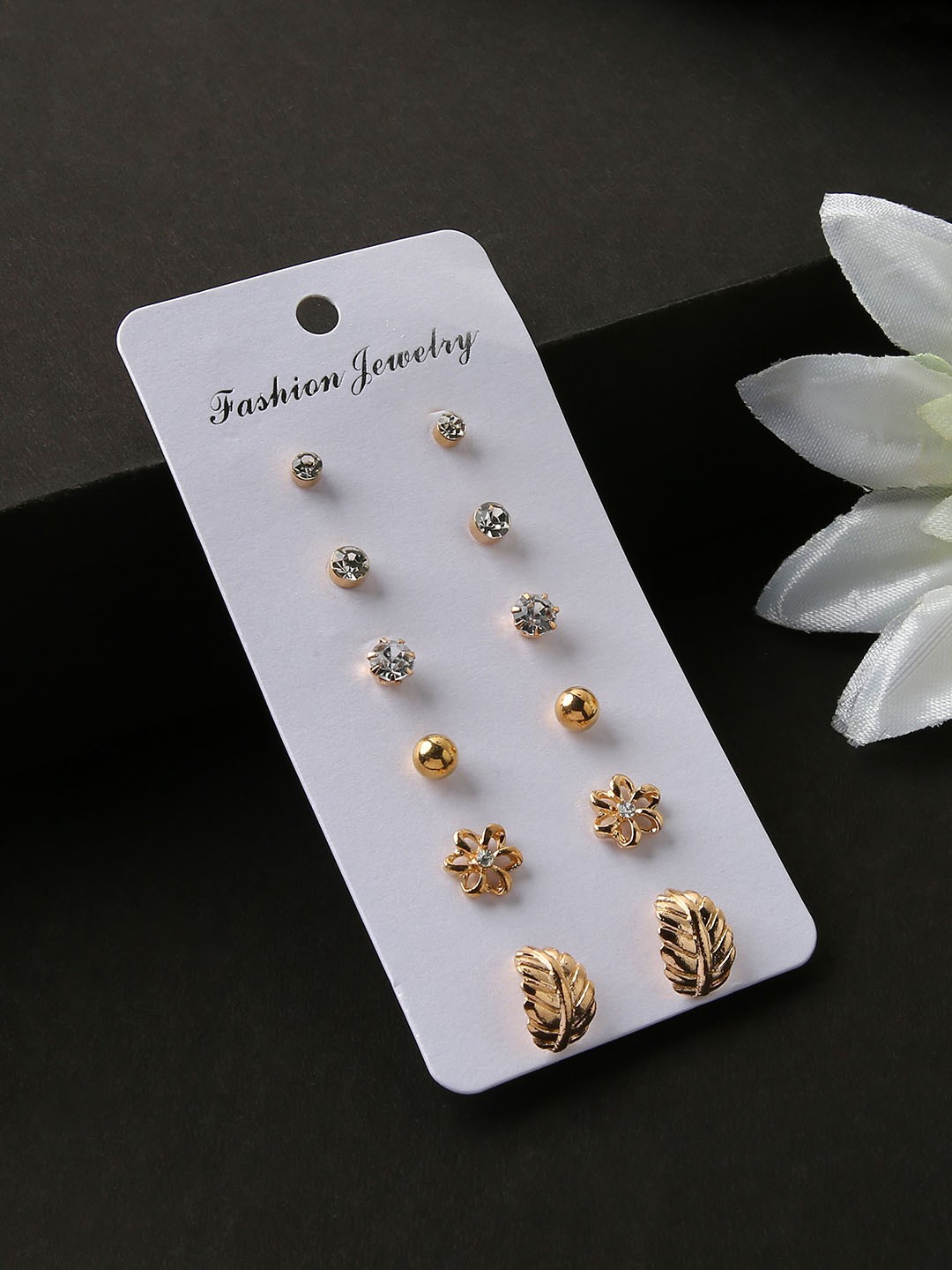 

justpeachy Set Of 6 Gold-Toned & Silver-Toned Floral Studs Earrings