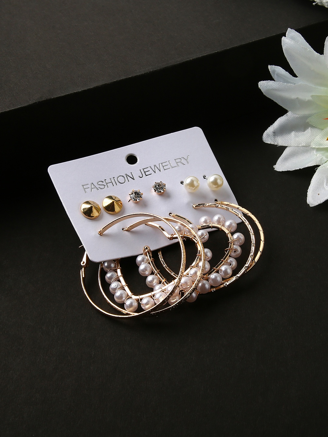 

justpeachy Set of 6 Gold-Toned & White Gold-Plated Earrings