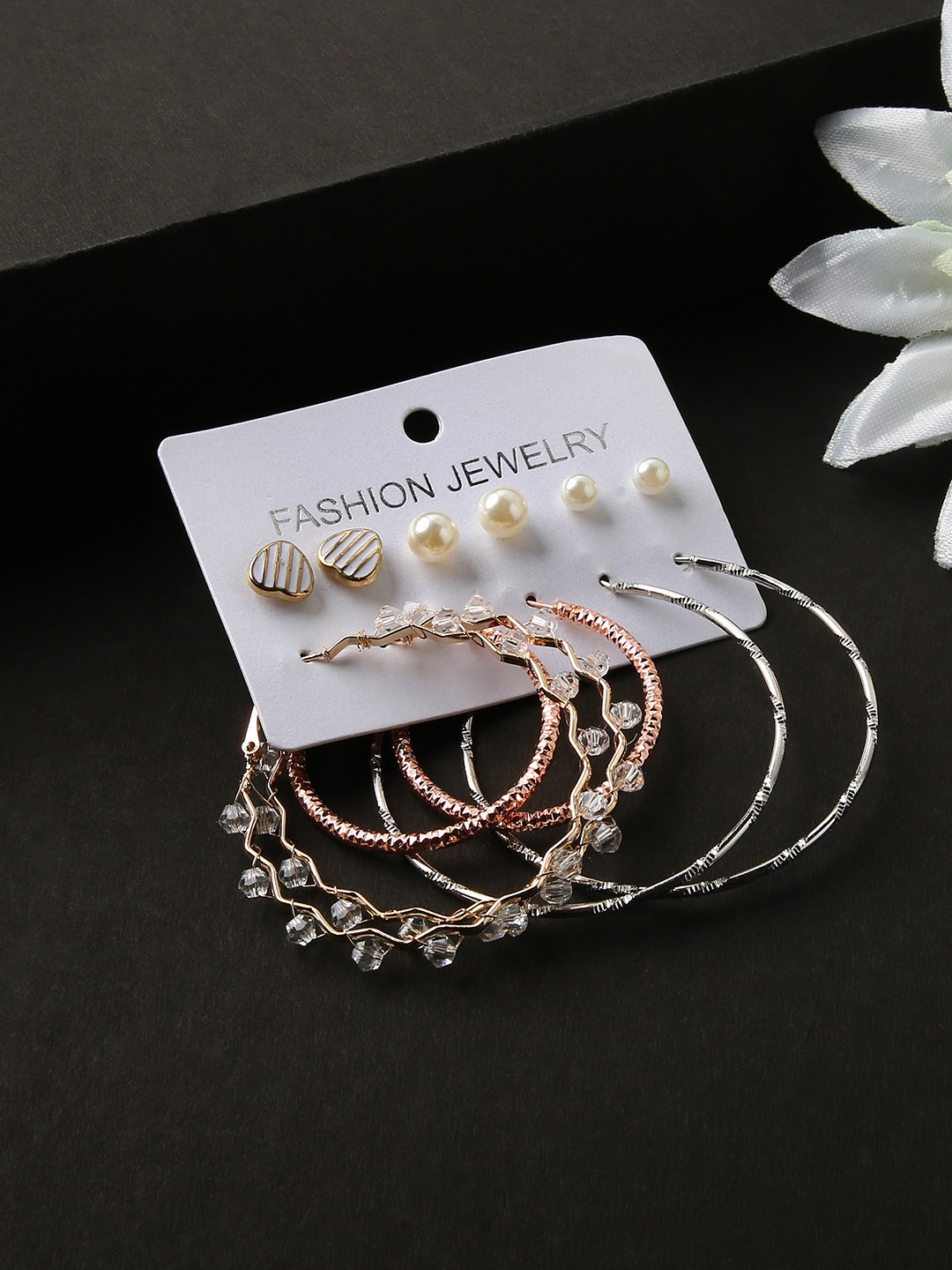 

justpeachy Multicoloured Pack Of 6 Studs & Circular Hoop Earrings, Multi