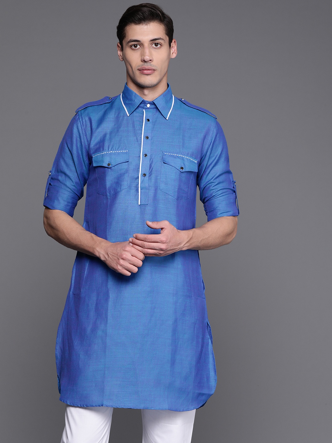 

Manu Men Blue Solid Pathani Kurta