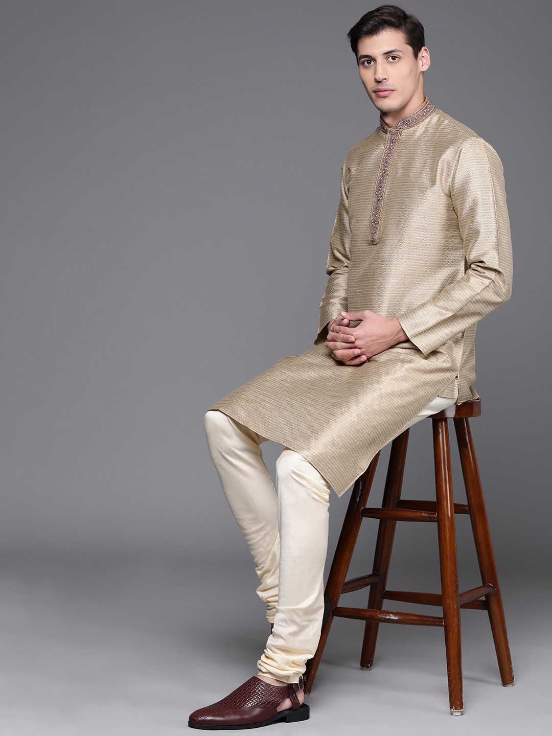 

Manu Men Beige Jacquard Weave Kurta with Churidar