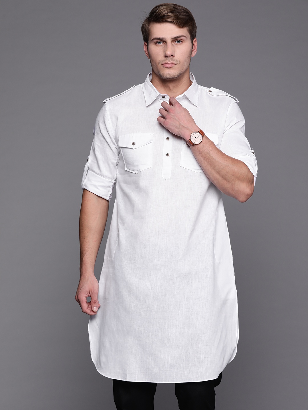 

Manu Men White Straight Pathani Kurta