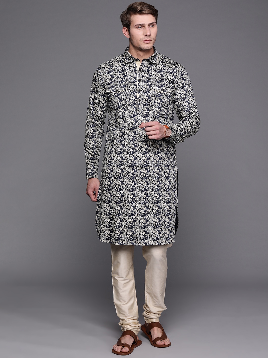 

Manu Men Blue & Beige Floral Printed Pathani Kurta