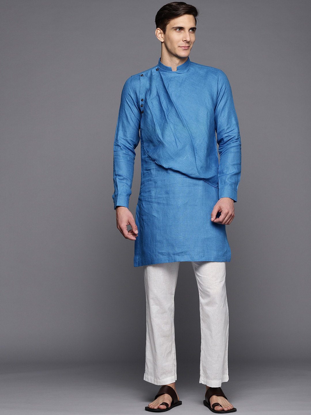 

Manu Men Blue Solid Cotton Angrakha Kurta