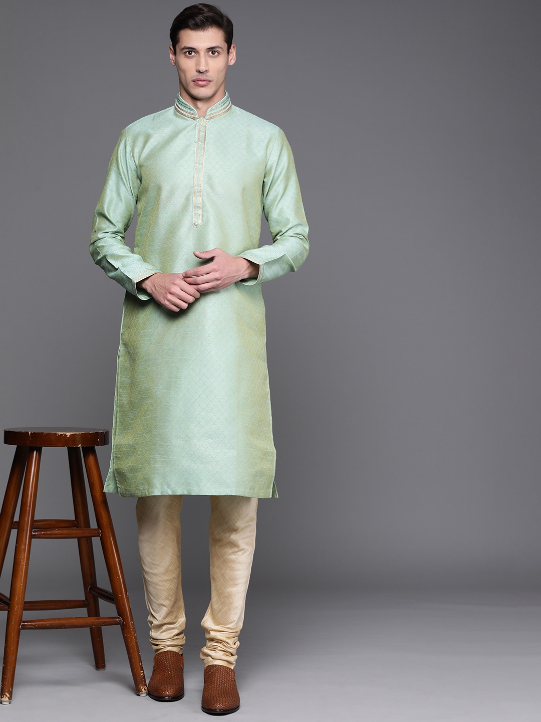 

Manu Men Green & Beige Woven Design Jacquard Weave Kurta
