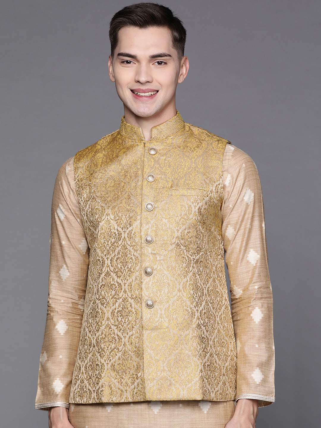 

Manu Men Beige & Golden Ethnic Motifs Print Jacquard Weave Nehru Jacket