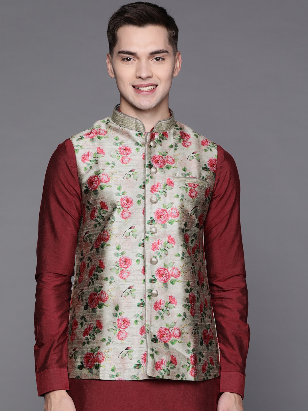 

Manu Men Grey & Pink Floral Print Nehru Jacket