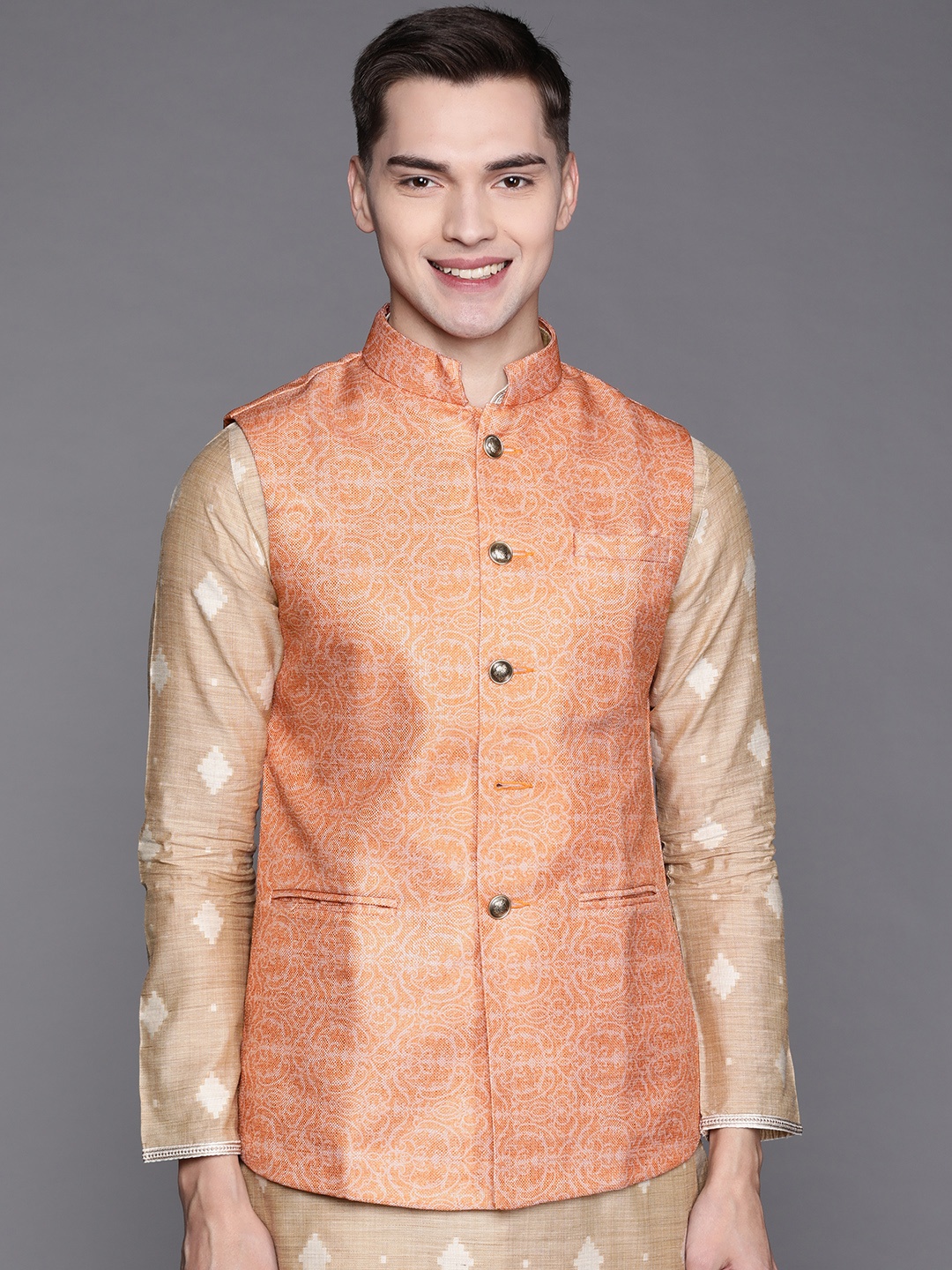 

Manu Men Orange Ethnic Motifs Printed Nehru Jacket
