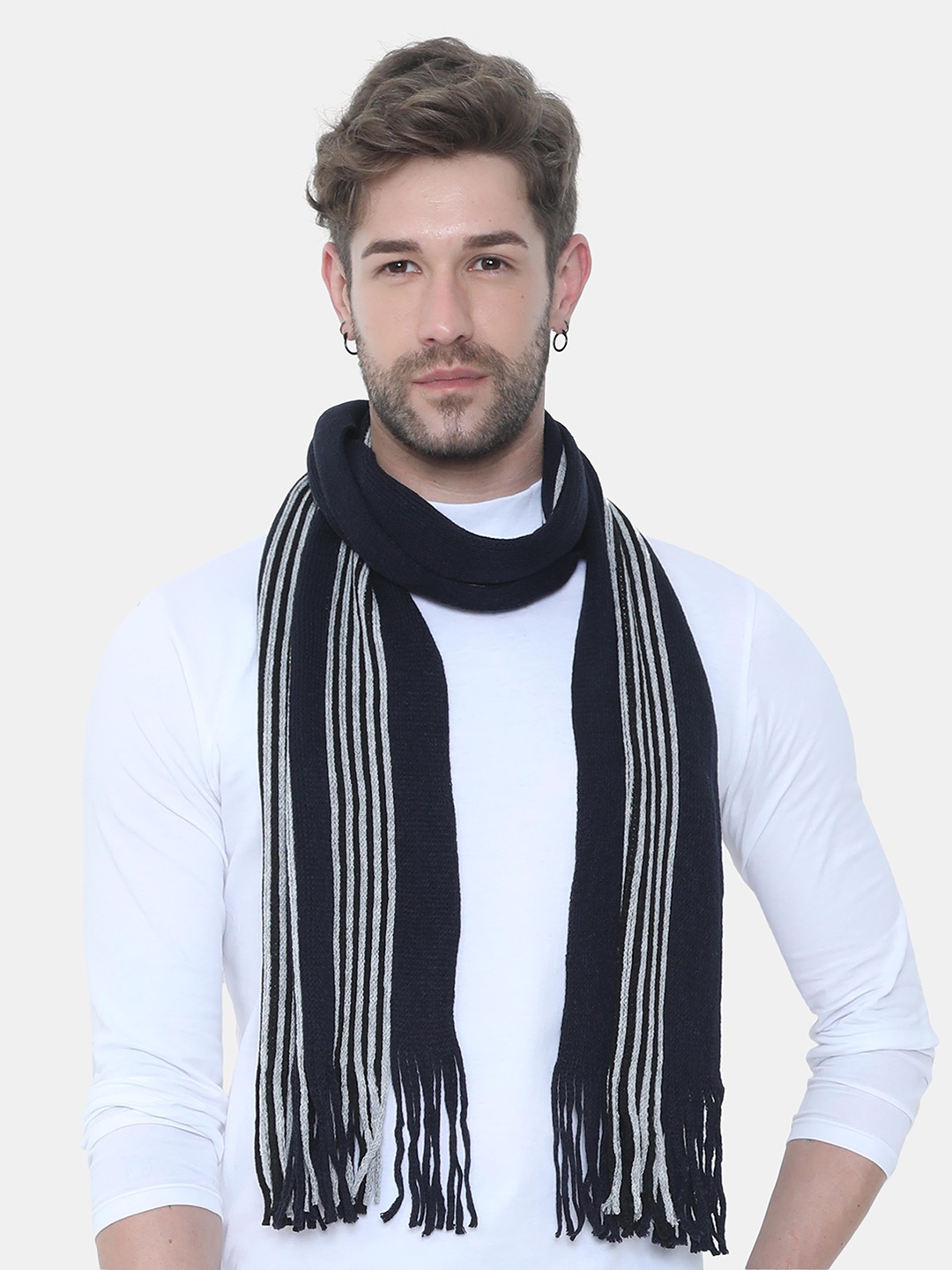 

FabSeasons Navy Blue & White Striped Muffler