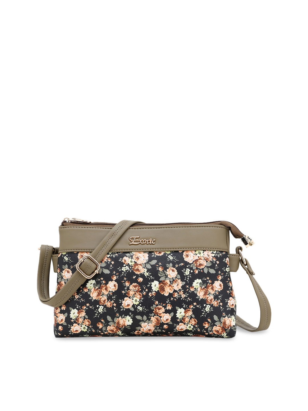 

Exotic Black Floral Printed PU Structured Sling Bag