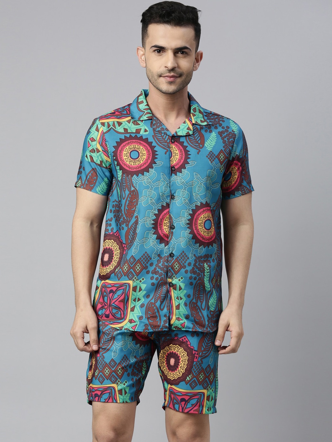 

Bushirt Men Blue & Brown Kalamkari Printed Night suit