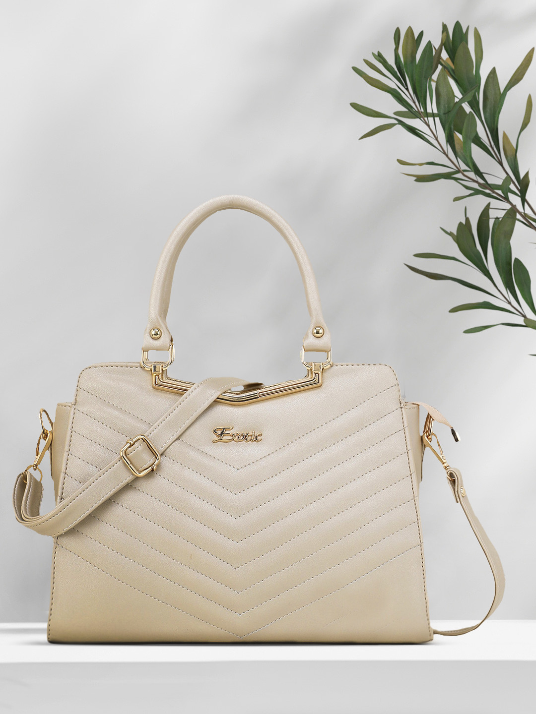 

Exotic Gold-Toned PU Structured Quilted Handheld Bag