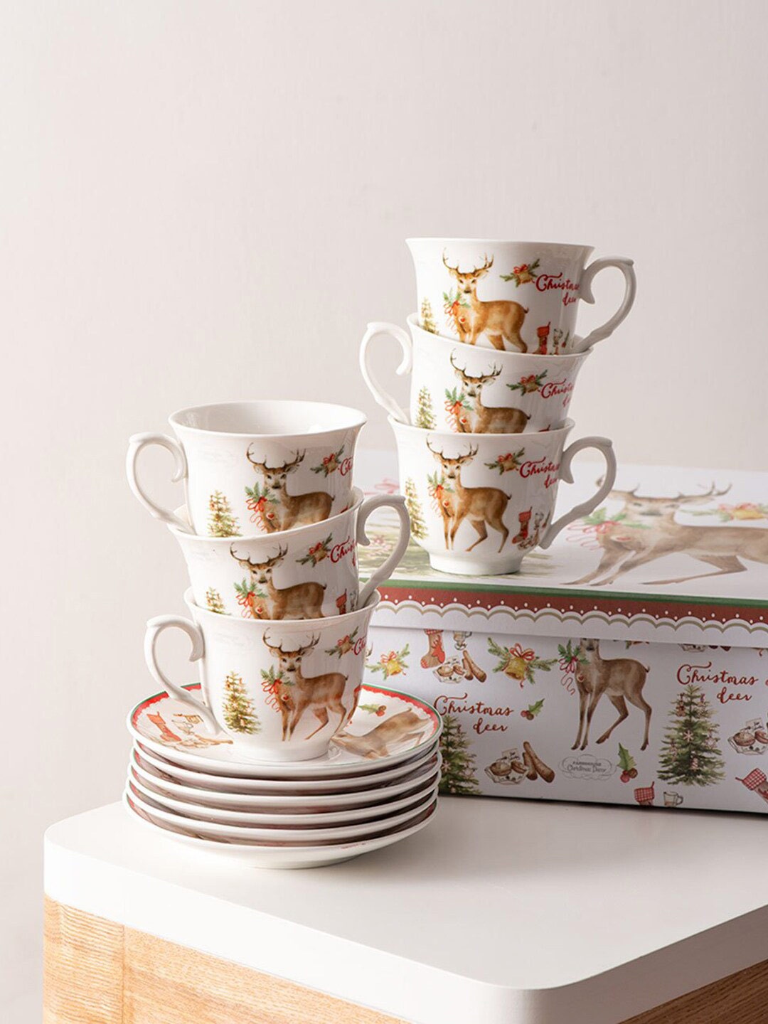 

THEDECORKART Set of 6 Red & White Printed Ceramic Matte Cups & Saucers