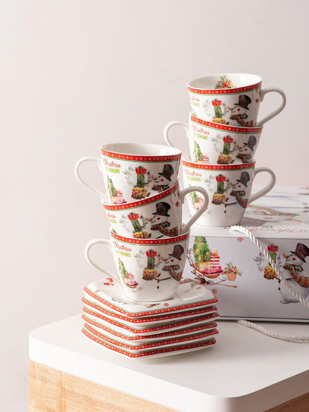 

THEDECORKART Red & White Printed Ceramic Matte Cups and Saucers Set of Cups and Mugs
