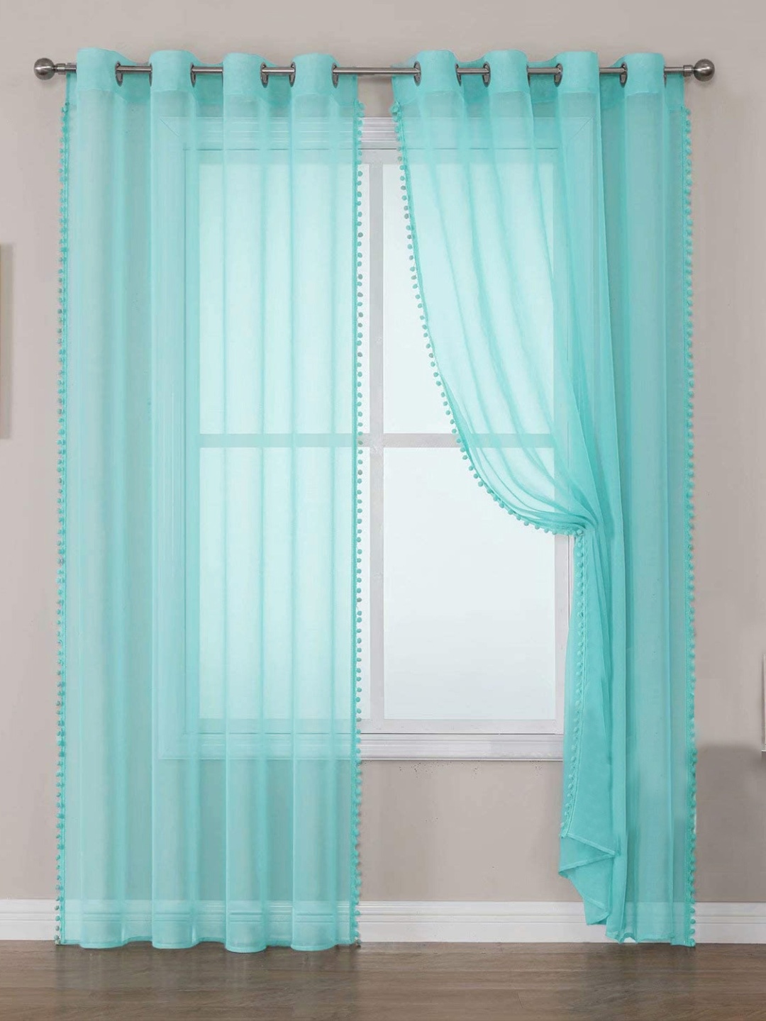 

URBAN SPACE Turquoise Blue Set of 2 Sheer Window Curtain