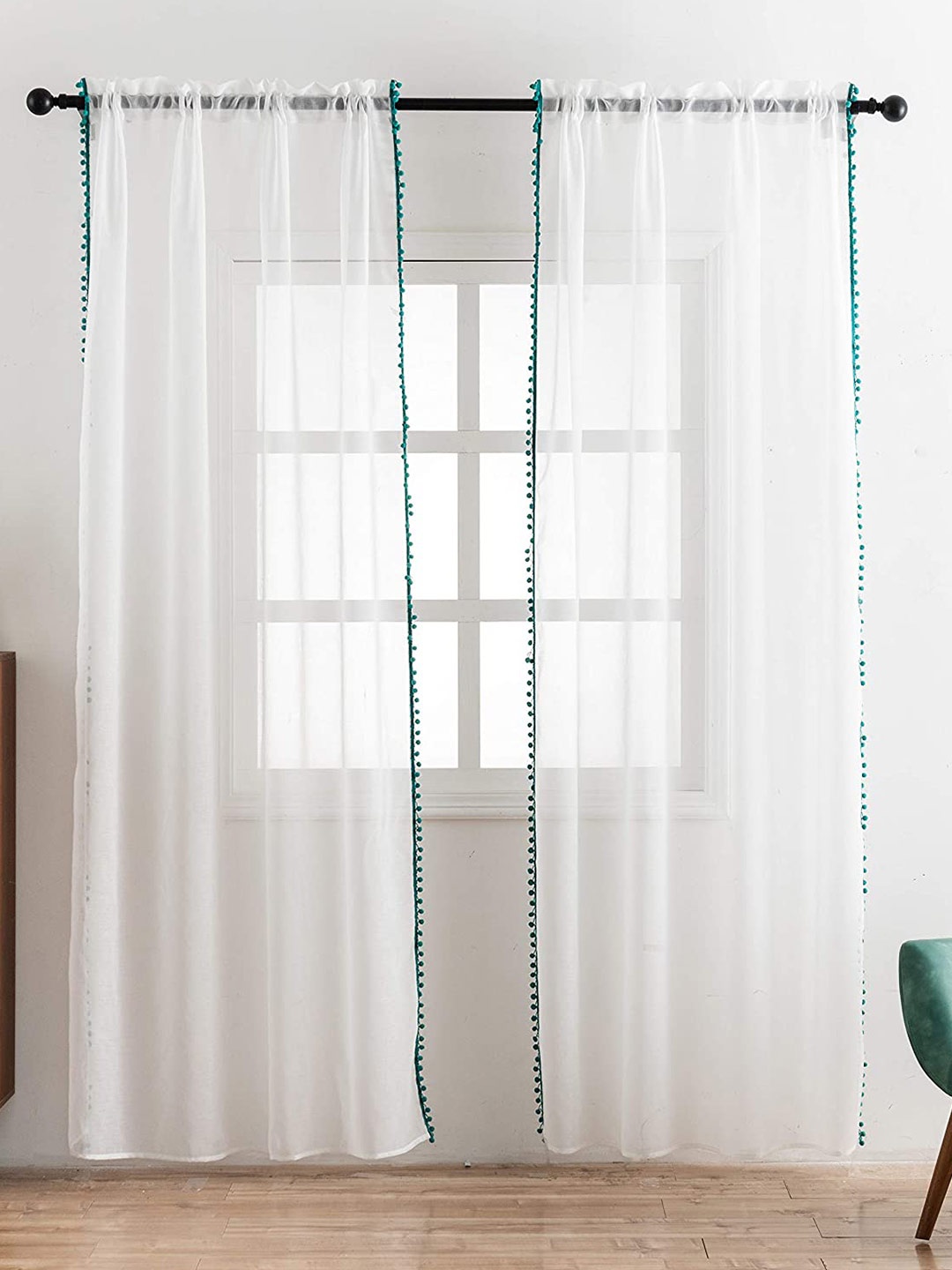 

URBAN SPACE White & Turquoise Blue Set of 2 Long Door Curtains