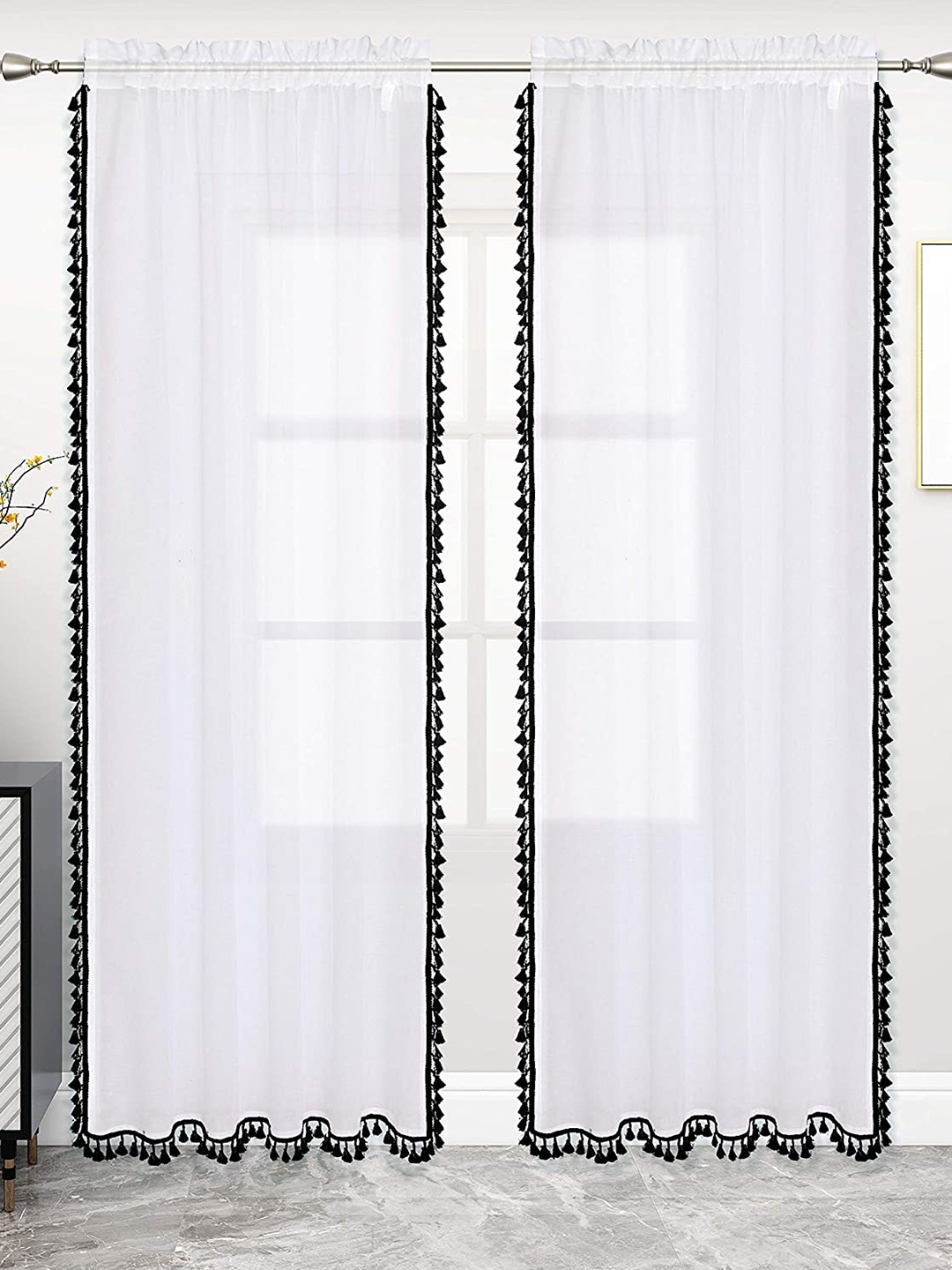 

URBAN SPACE White & Black Set of 2 Long Door Curtain