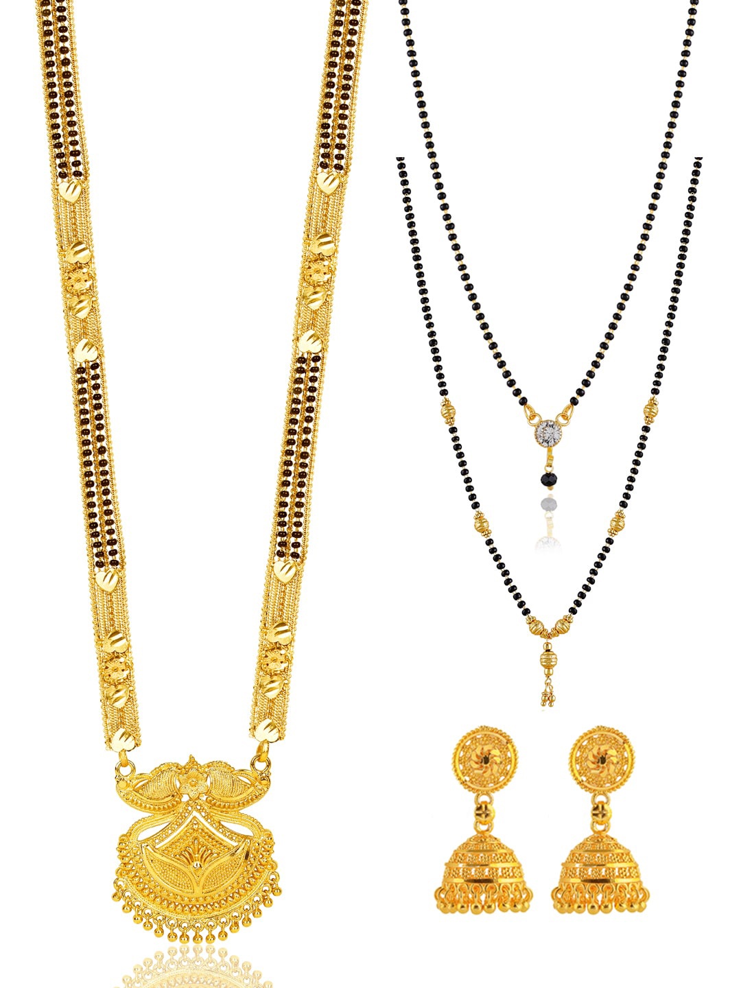 

Brandsoon Gold-Plated & Black Brass Beaded 3 Managalsutra With Earrings