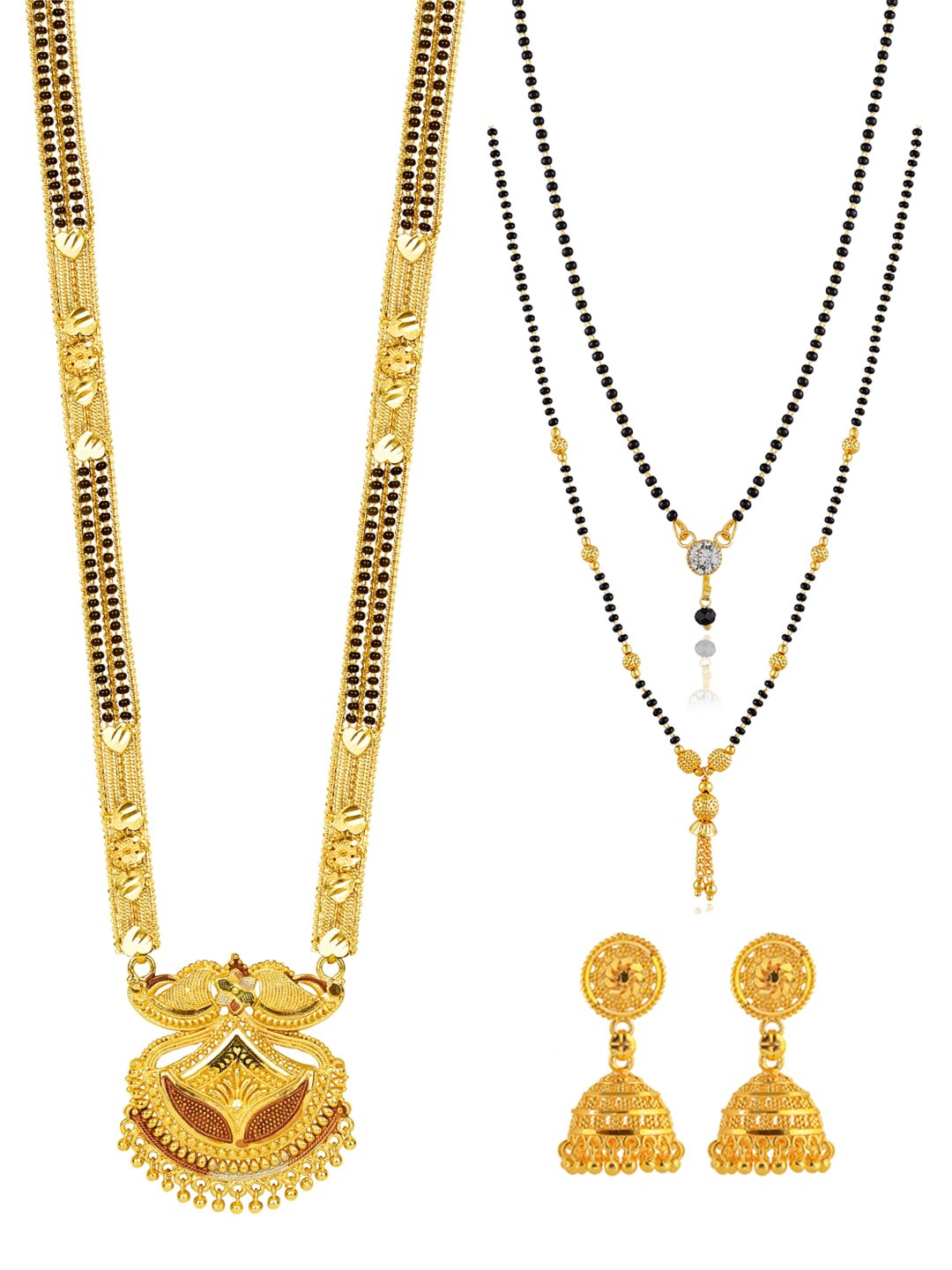 

Brandsoon Gold Toned & Black Set of 5 Beaded Mangalsutra & Earrings