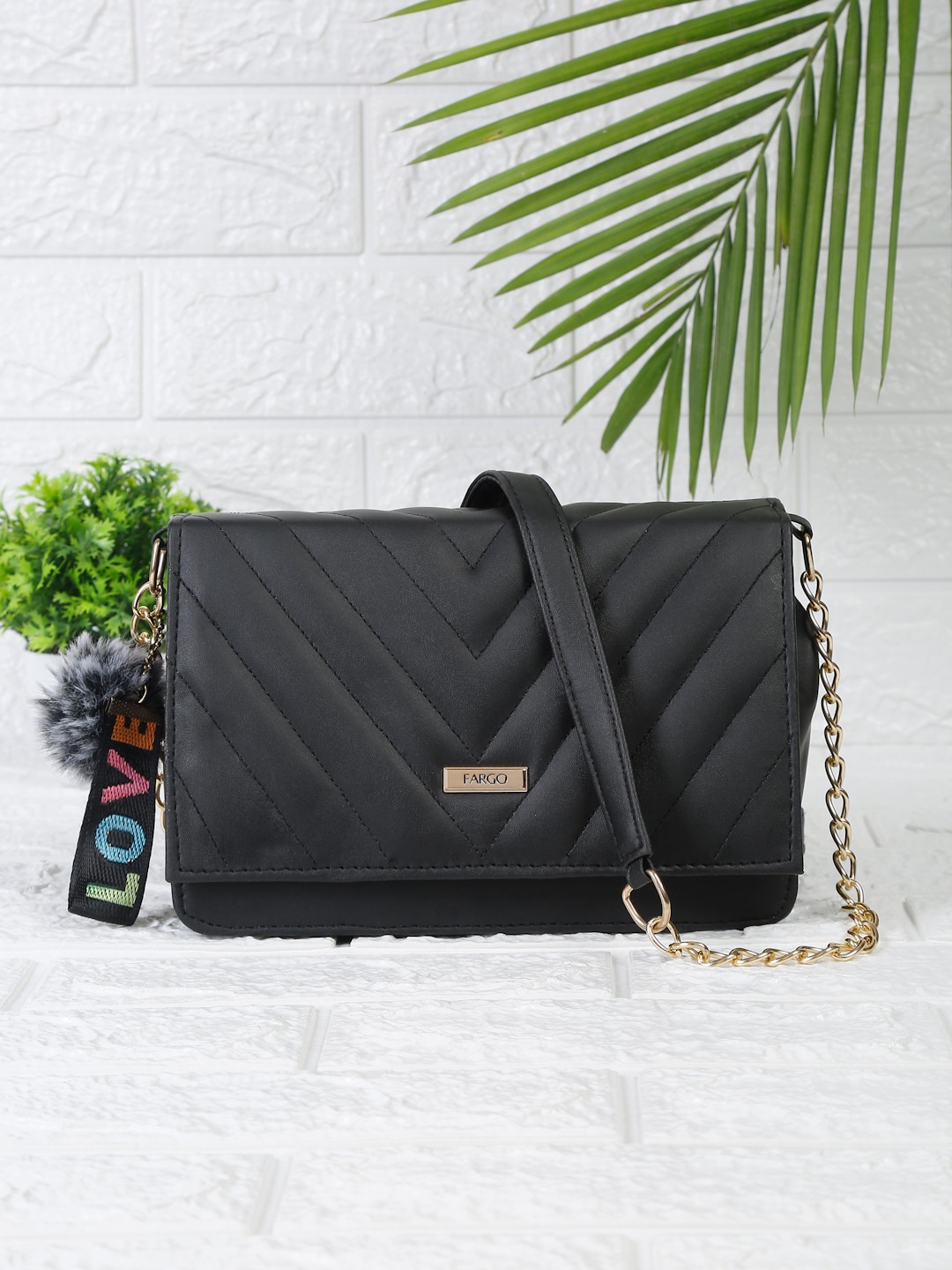 

FARGO Black Textured PU Structured Sling Bag with Quilted