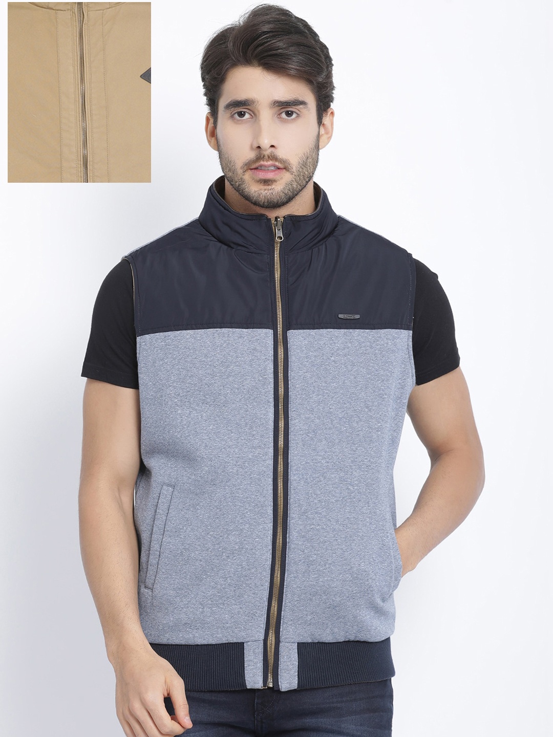 

t-base Men Beige Reversible Padded Jacket with Patchwork