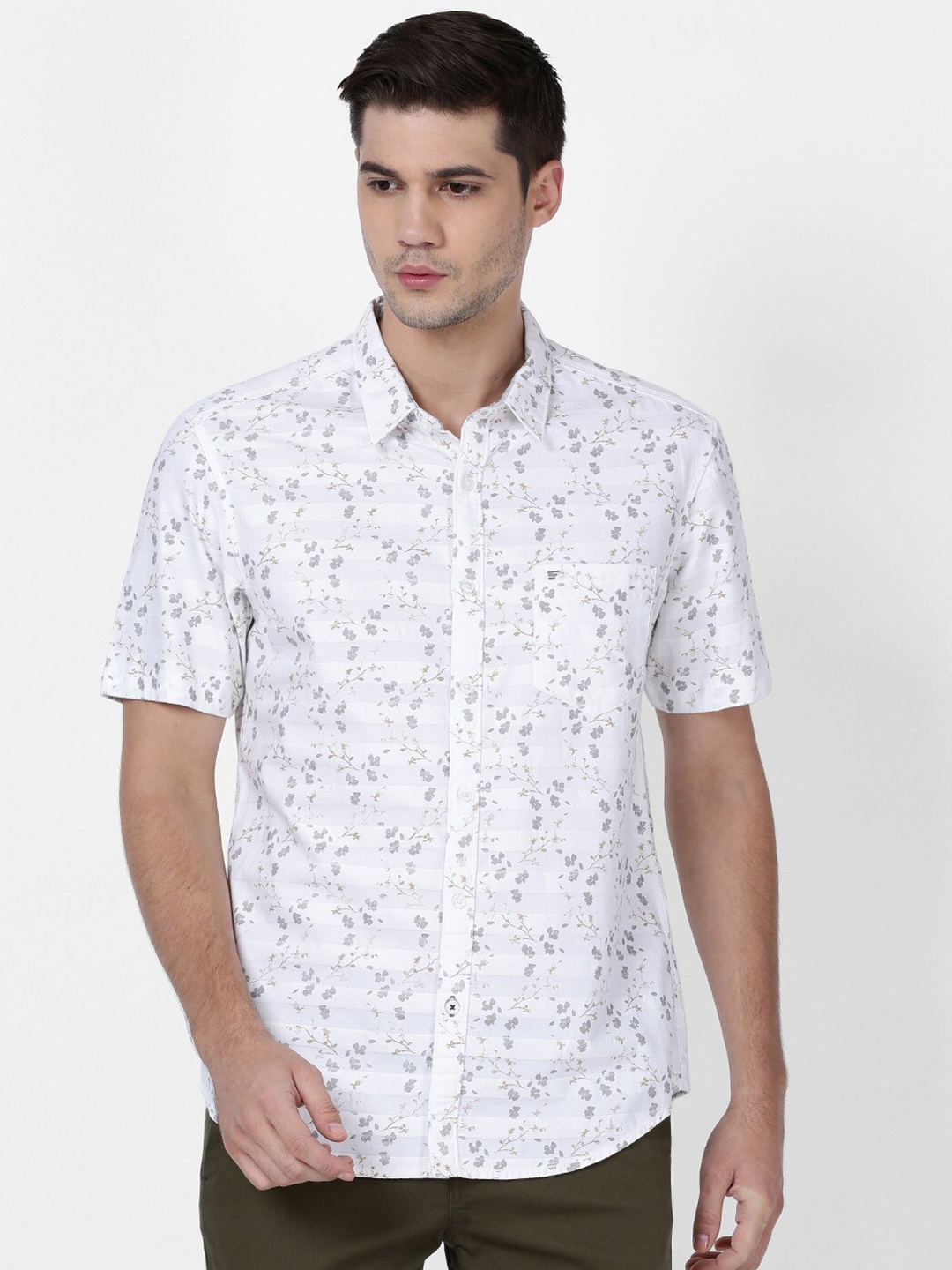 

t-base Men White & Grey Opaque Printed Cotton Casual Shirt
