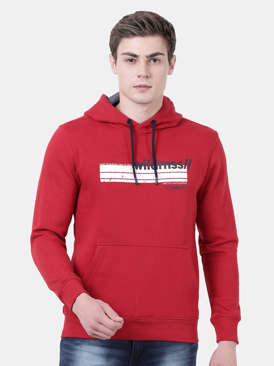 

t-base Men Red Printed Hooded Sweatshirt